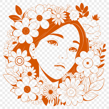 A woman surrounded by floral patterns and motifs.