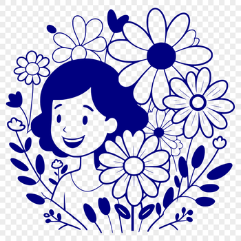 A woman surrounded by floral elements, suitable for Mothers Day designs.