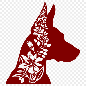 A detailed illustration of a Doberman Pinscher's head, adorned with ornate floral patterns.