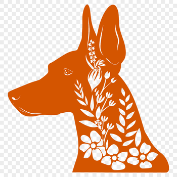 A detailed illustration of a Doberman Pinscher's head with ornate floral patterns.