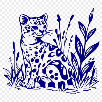 A large ocelot sitting on the ground, depicted in full-body form with a neutral background.