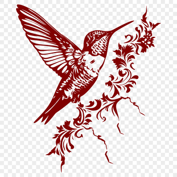 A colorful hummingbird in full body flight, surrounded by ornate floral patterns.