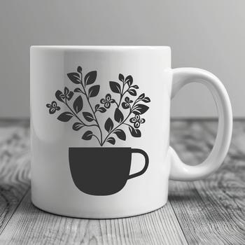 A simple cup design with a floral pattern surrounding the rim.