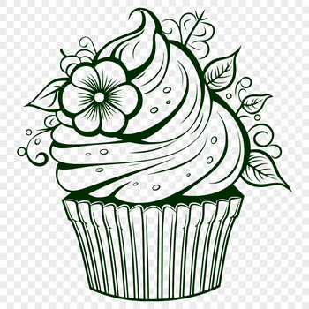 A colorful cupcake with floral designs on top, perfect as clip art for digital projects.