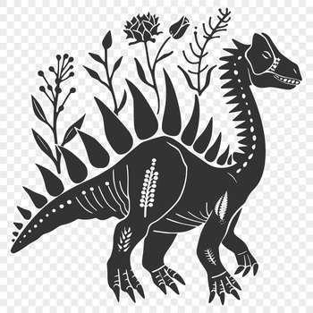A prehistoric dinosaur illustration with ornate floral patterns and intricate details.