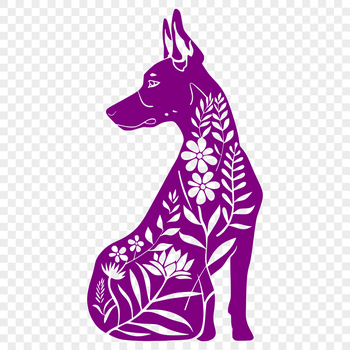 A full-body illustration of a Doberman Pinscher sitting in an ornate floral setting.