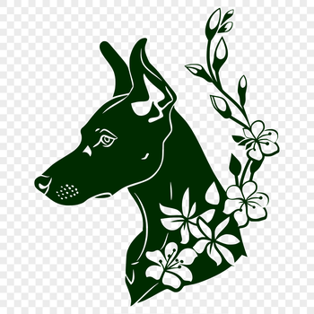 A detailed illustration of a Doberman Pinscher's head, showcasing its distinctive features and ornate details.
