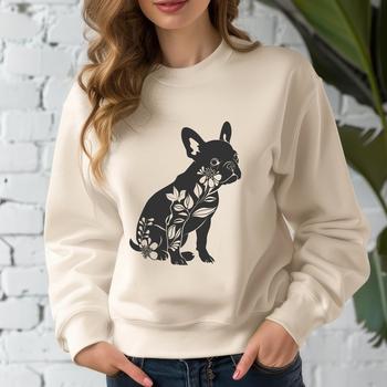 A full-body illustration of a sitting Boston Terrier dog in a floral setting.