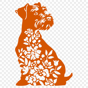 Full-body illustration of a miniature schnauzer sitting in a garden setting with floral elements.