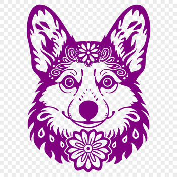A stylized illustration of a Corgi's head, featuring intricate floral patterns and ornate details.