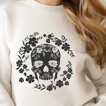 An illustration of a stylized skull surrounded by floral elements.