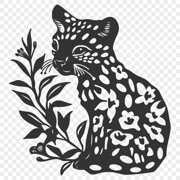 Large sitting ocelot with a floral pattern in the background, depicted as a detailed vector design.