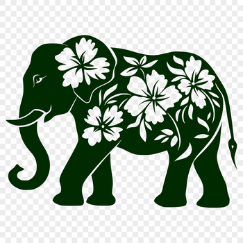 Illustrative elephant standing in a lush environment with intricate floral patterns surrounding its body.