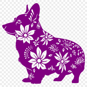 A standing Welsh Corgi surrounded by lush greenery with flowers in the background.