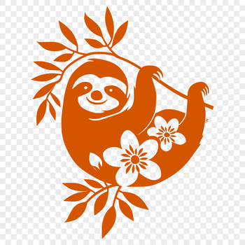 A colorful illustration of a full-body sloth surrounded by floral elements.
