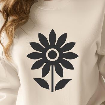 An illustration of a single stemmed floral sunflower with thick green leaves and bright yellow blooms.