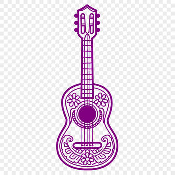 A detailed illustration of a guitar with intricate floral patterns etched onto the body.
