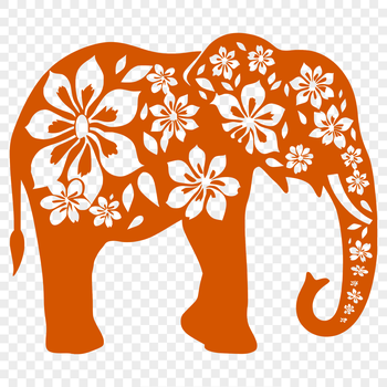 A standing elephant with intricate floral patterns adorning its body.