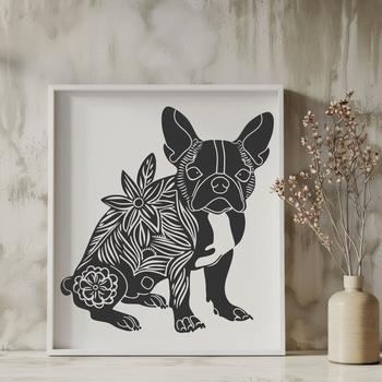 A sitting Boston Terrier in full body pose with an ornate floral pattern.