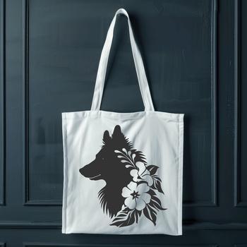 A stylized illustration of a Shetland Sheepdog's head with floral elements.