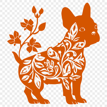 A full-body illustration of a friendly Boston Terrier standing in front of a simple floral pattern background.