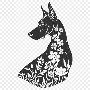 Vector illustration of a large breed dog, the Great Dane, in a floral patterned background.