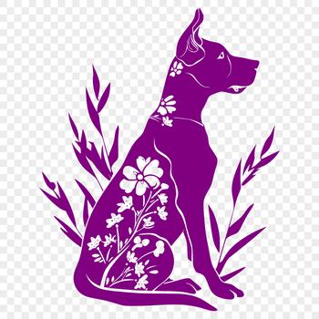 A full-body illustration of a sitting Great Dane breed dog surrounded by floral patterns.