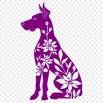 A large breed dog sitting in front of a floral background, depicted as a vector graphic.