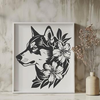 A vector illustration of a Siberian Husky's head with simple floral patterns in the background.