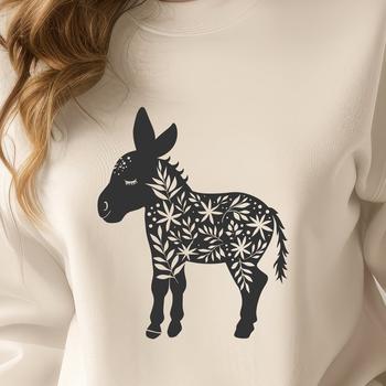 A standing donkey with ornate floral patterns on its body.