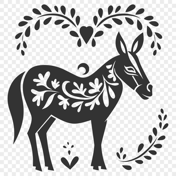 A full-body illustration of a standing donkey surrounded by ornate floral patterns.