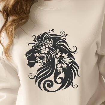 A regal lion's head with intricate floral patterns surrounding its face, suitable for various designs and crafts.