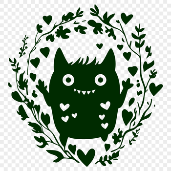 A colorful, whimsical monster design featuring floral elements and cute illustrations.