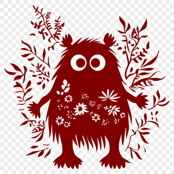 A colorful, whimsical monster surrounded by flowers and foliage.