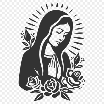 An ornate illustration of the Virgin Mary in a traditional religious setting.