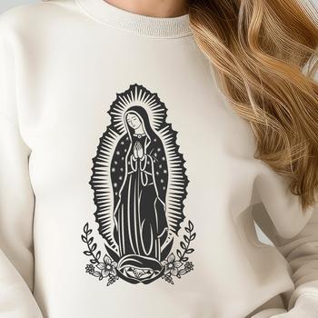 A traditional depiction of Virgin Mary in a full-body form, surrounded by ornate floral patterns.