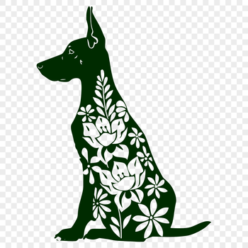 A detailed illustration of a sitting Doberman Pinscher with ornate floral patterns.