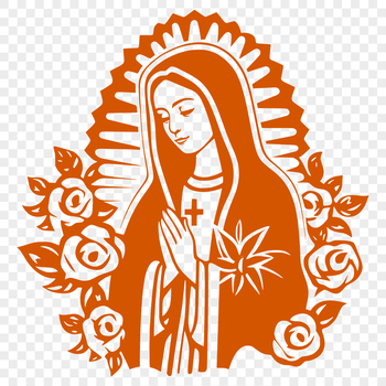 Illustration of the Virgin Mary with ornate floral details in a traditional style.