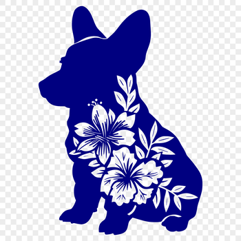 A full-body illustration of a seated Welsh Corgi surrounded by floral elements.