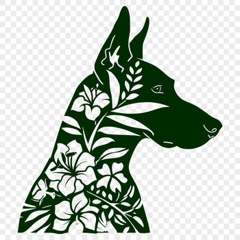 A detailed illustration of a Doberman Pinscher's head featuring ornate floral patterns.
