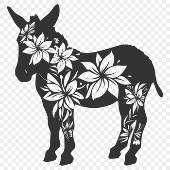 A detailed illustration of a standing donkey surrounded by ornate floral patterns.