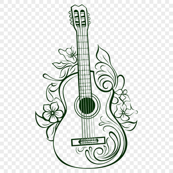 A decorative guitar with floral patterns and intricate details, suitable for music or art projects.