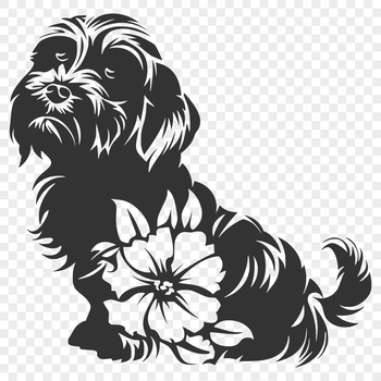 A full-body illustration of a sitting Shih Tzu surrounded by a floral pattern.