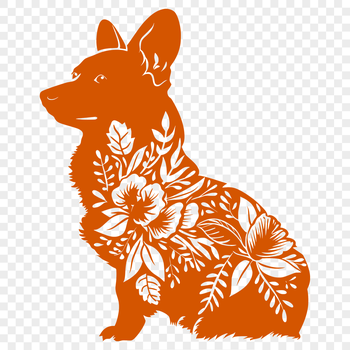 A full-body illustration of a sitting Welsh Corgi surrounded by floral patterns.