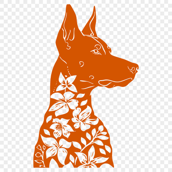 A high-quality vector illustration of a Doberman Pinscher's head with ornate floral patterns.