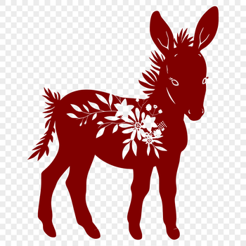 A standing donkey with ornate floral patterns on its fur.