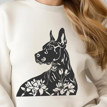 Close-up illustration of a Great Dane's face featuring its distinctive markings and expression.