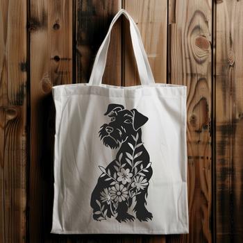 A breed-specific illustration of a miniature schnauzer sitting in a floral setting.