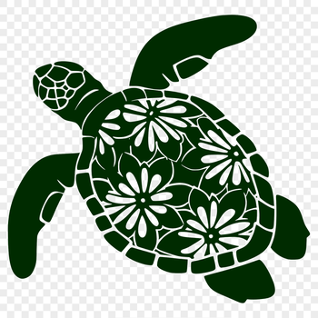 A full-body illustration of a sea turtle in a seaside environment.