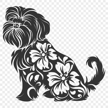 A full-body illustration of a sitting Shih Tzu dog surrounded by floral patterns.